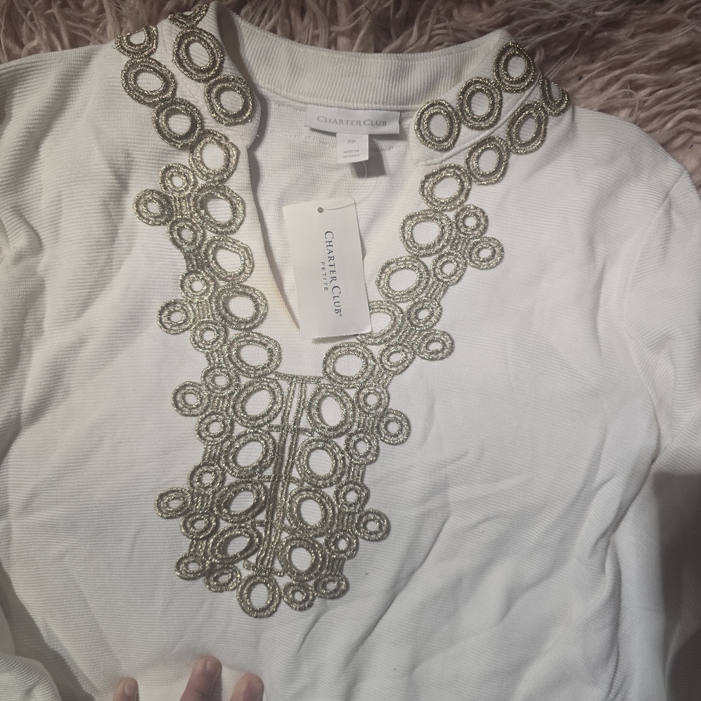 Charter Club White Blouse with Gold Accents